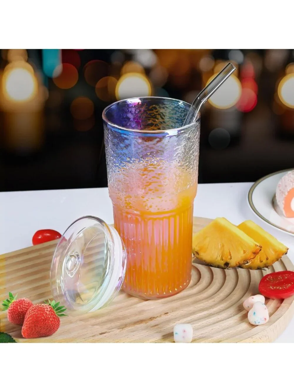 Iridescent 22oz Glass Tumbler with Straw & Lid - Ribbed Design, Perfect for